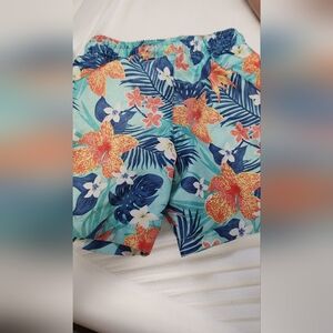 Tropical Kids Swim Trunks - Blue and Orange Floral